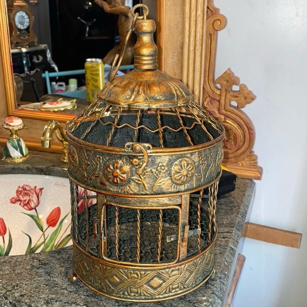 VINTAGE Gilded Bird Cage Metal Home Accent in Copper and Bronze, EUC